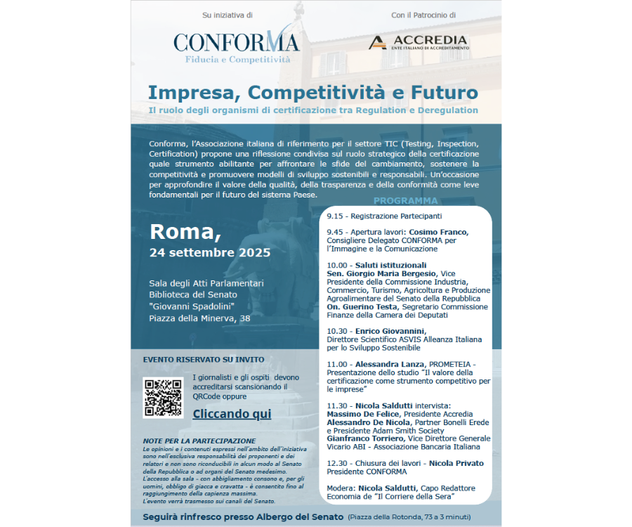 Convegno CONFORMA: Impresa, Competitività e Futuro – Il ruolo degli organismi di certificazione tra Regulation e Deregulation